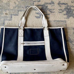 MORGAN GRAYS Luxury Unisex ALL LEATHER Eco Conscious Large Tote Bag White & Navy
